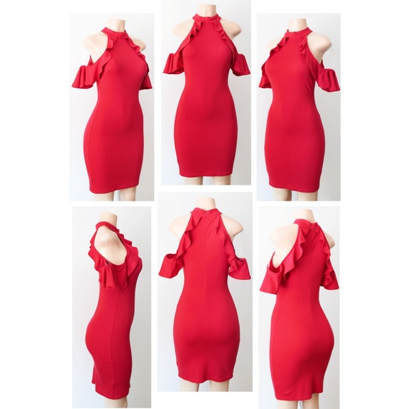 Red Mock Neck Ruffle Cold Shoulder Bodycon Dress - Picture 7 of 8